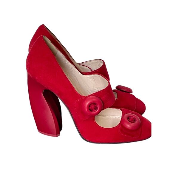 Prada Red Suede Button Mary Jane Pumps 6.5 - Picture 5 of 13